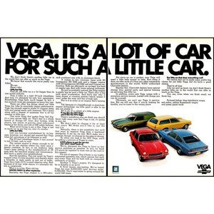 1971 Chevy Vega Lineup 2 Page Vintage Print Ad Wagon Coupe Fastback Wall Art